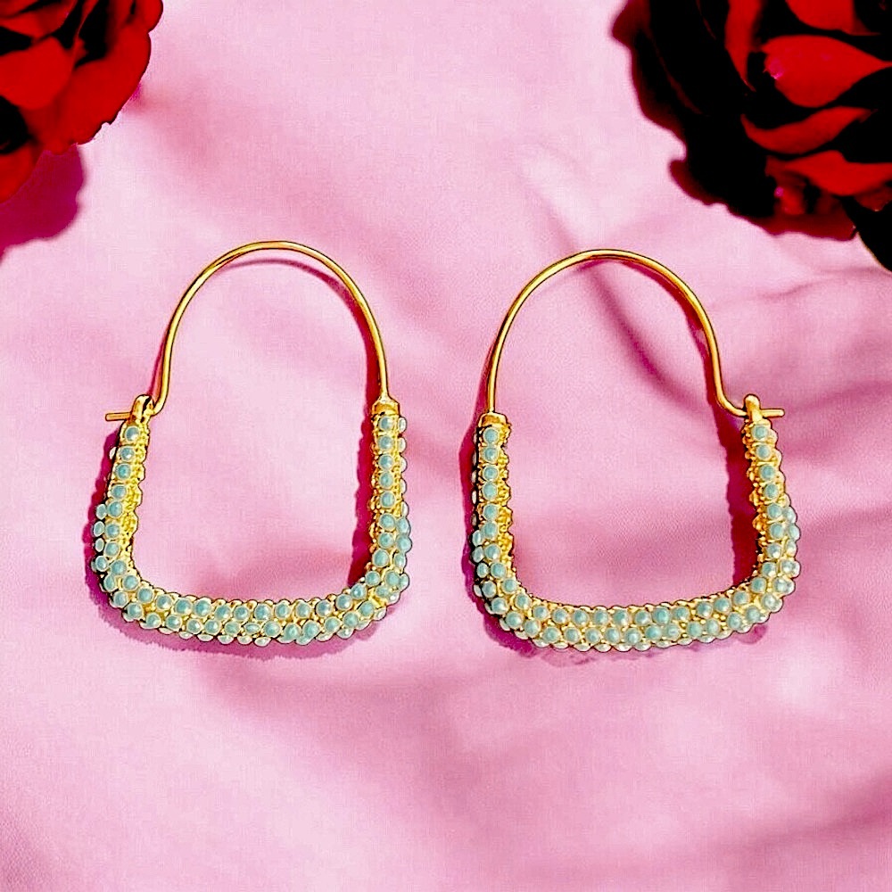 Gold and Blue U-Shaped Earrings with Beaded Design